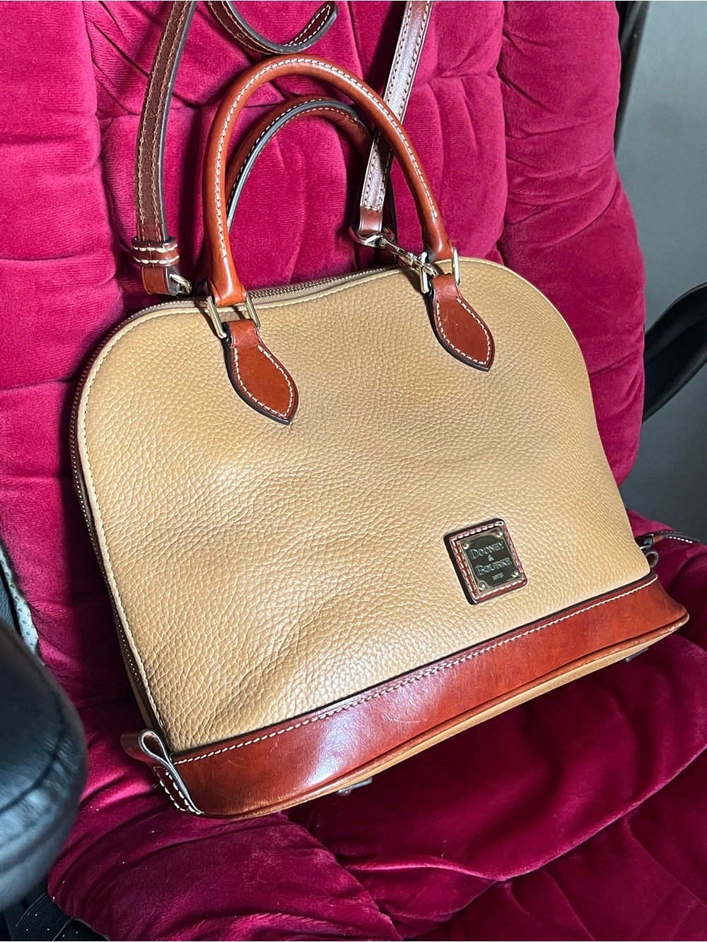 Dooney & Bourke Tan Pebble Leather Satchel crossbody with Brown Trim long strap - Picture 5 of 16